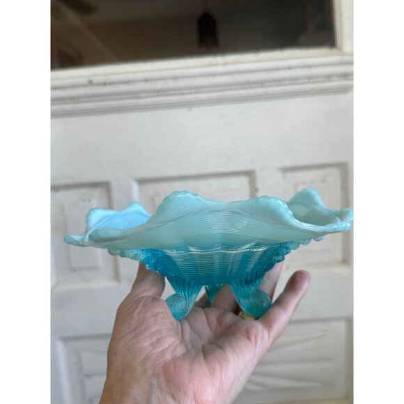 Vintage 50's Northwood Glass Klondyke Blue Opalescent Footed Candy/trinket Dish - Picture 7 of 9